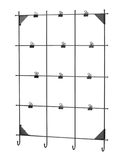 metal wire frame memo board with binder clips attached