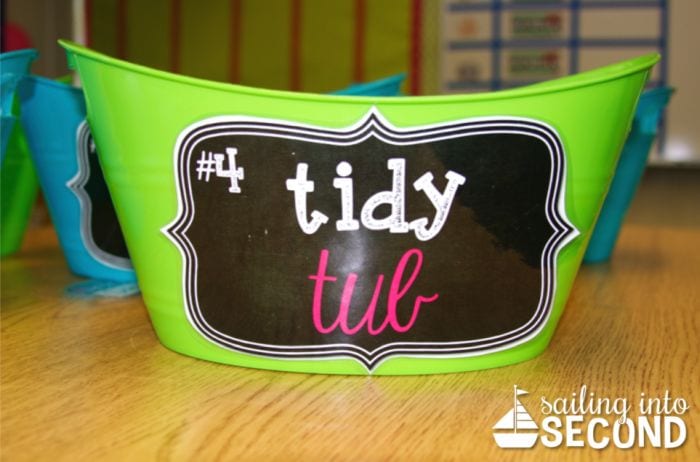 Green tidy tub container to keep the classroom organized