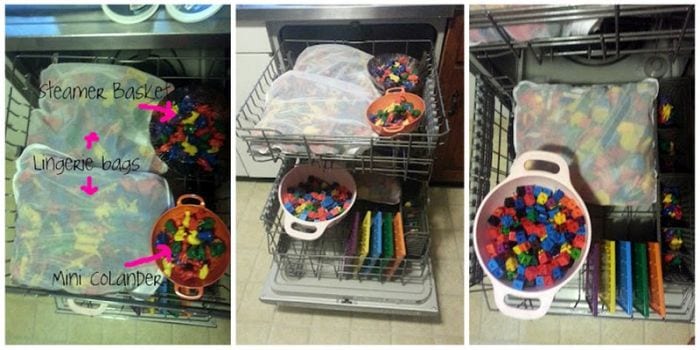 Using the dishwasher to clean plastic classroom supplies in laundry bags and colanders.