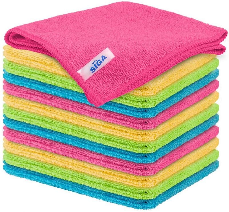 Pile of colorful folded microfiber cleaning cloths.