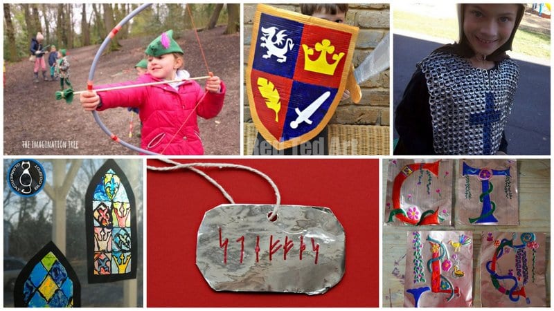 Six images of different European and Middle Age activities including bow shooting, art work, and knight costumes.