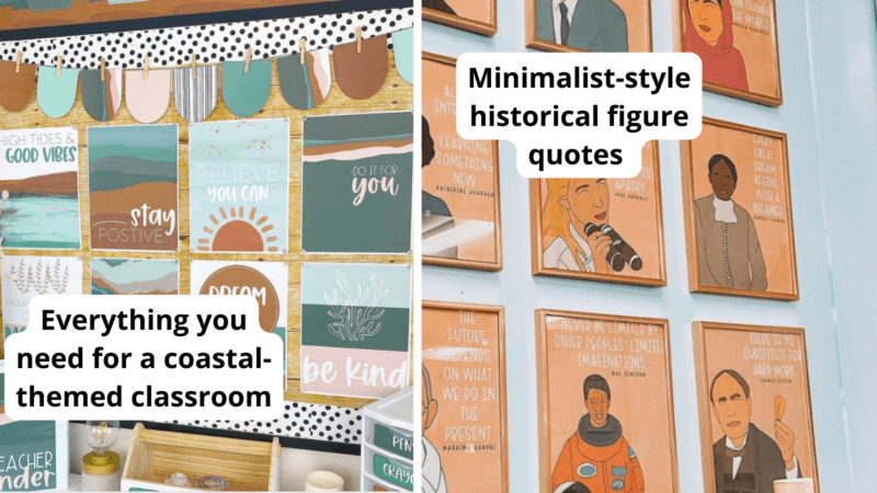 Paired image of a coastal-themed classroom and quotes from historical figures