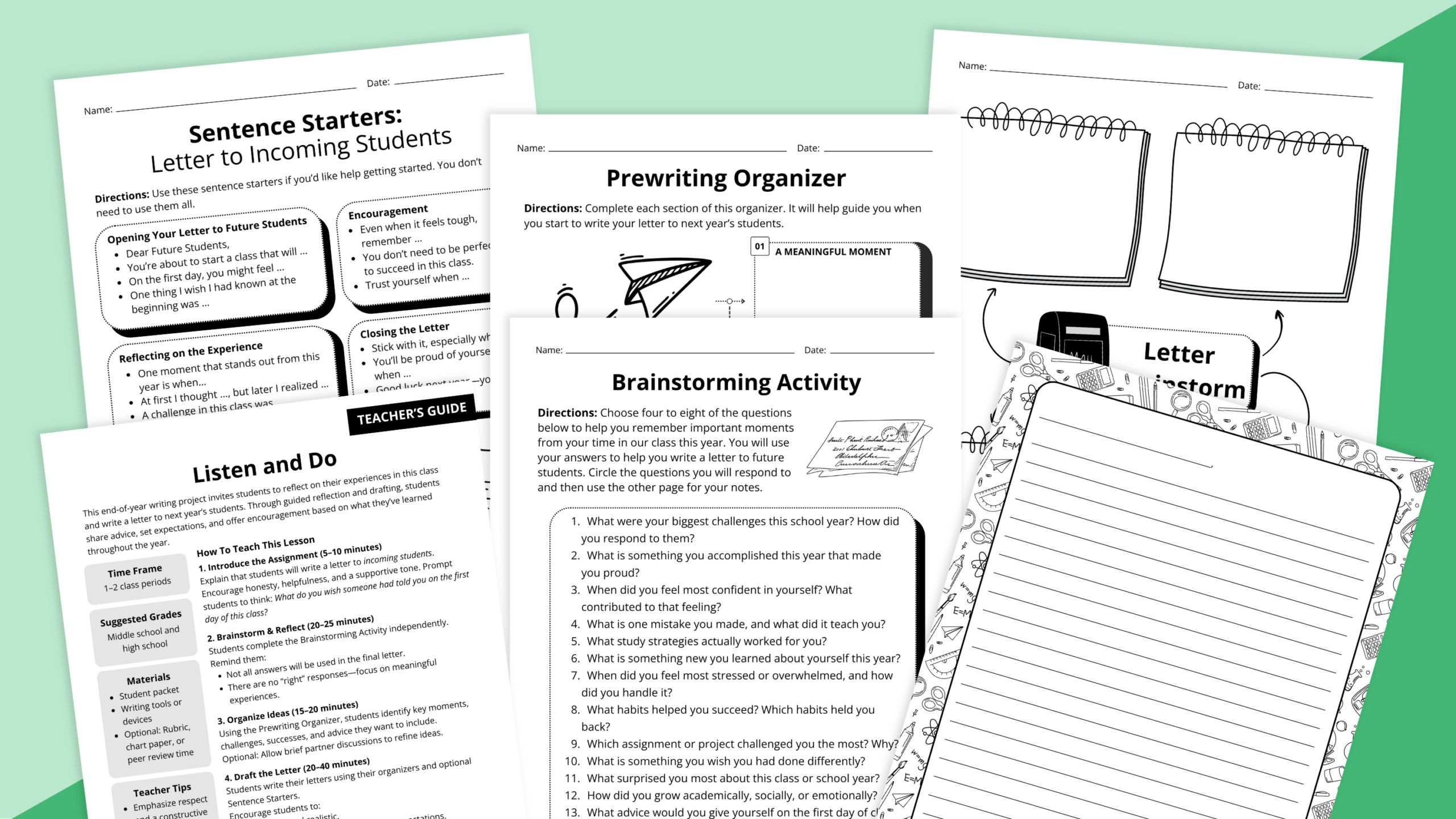 Images from the Middle School End-of-Year Reflection & Letter Writing Bundle.