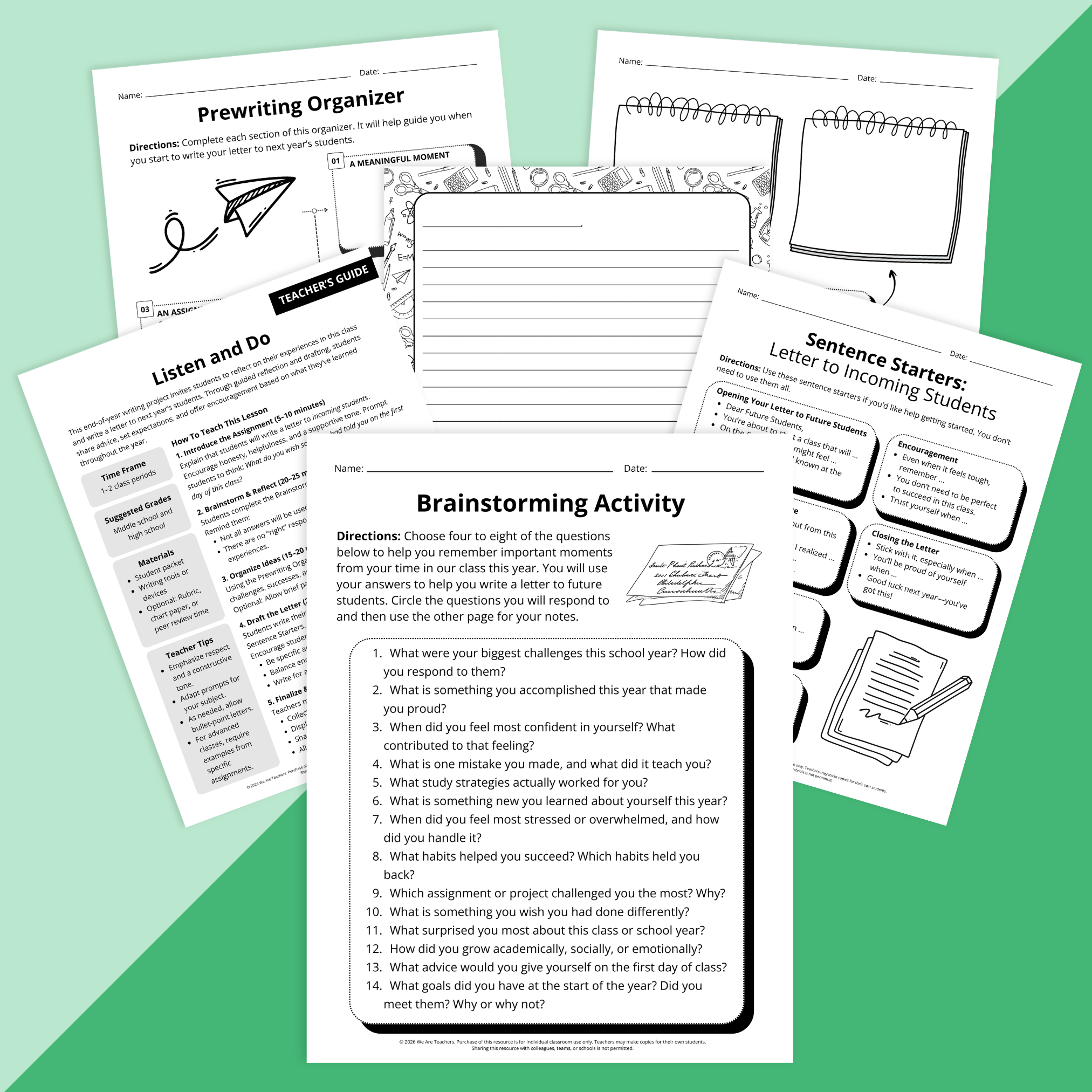 Image of worksheets from the Middle School End-of-Year Reflection & Letter Writing Bundle.