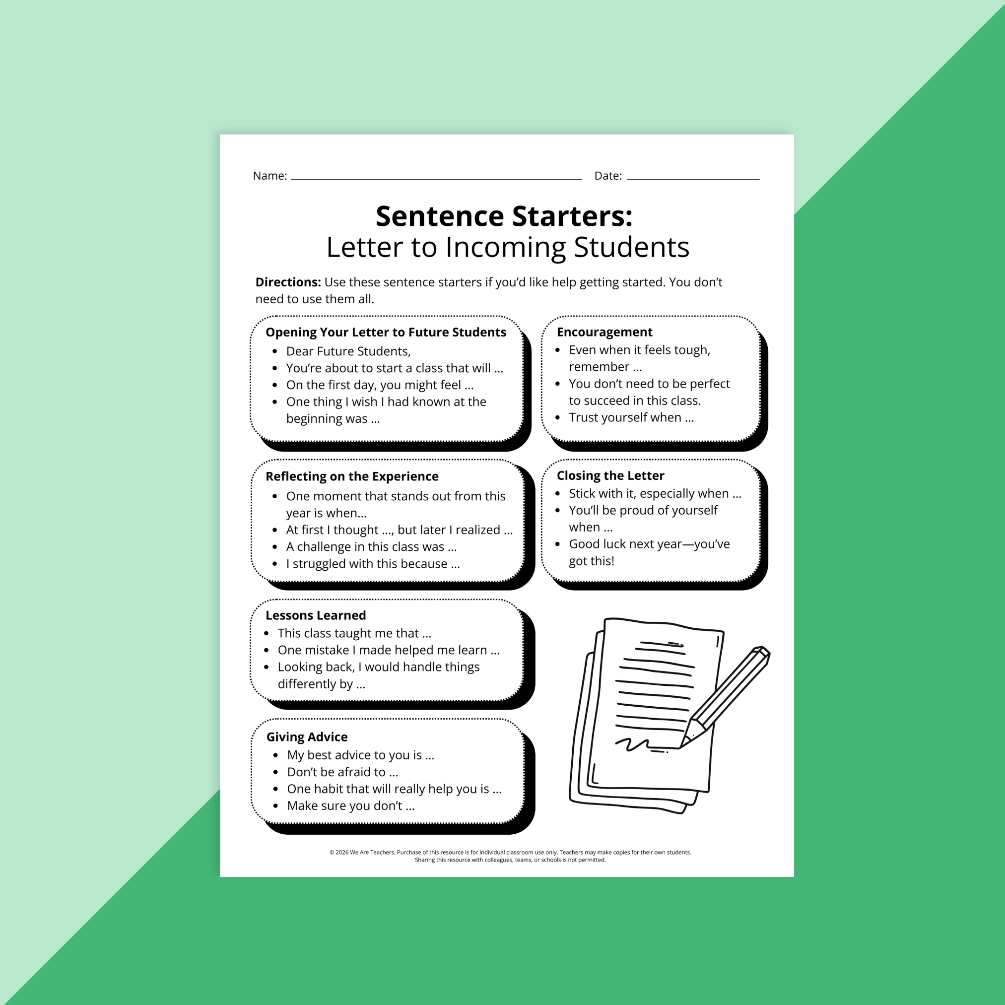 Image of sentence starters worksheet.