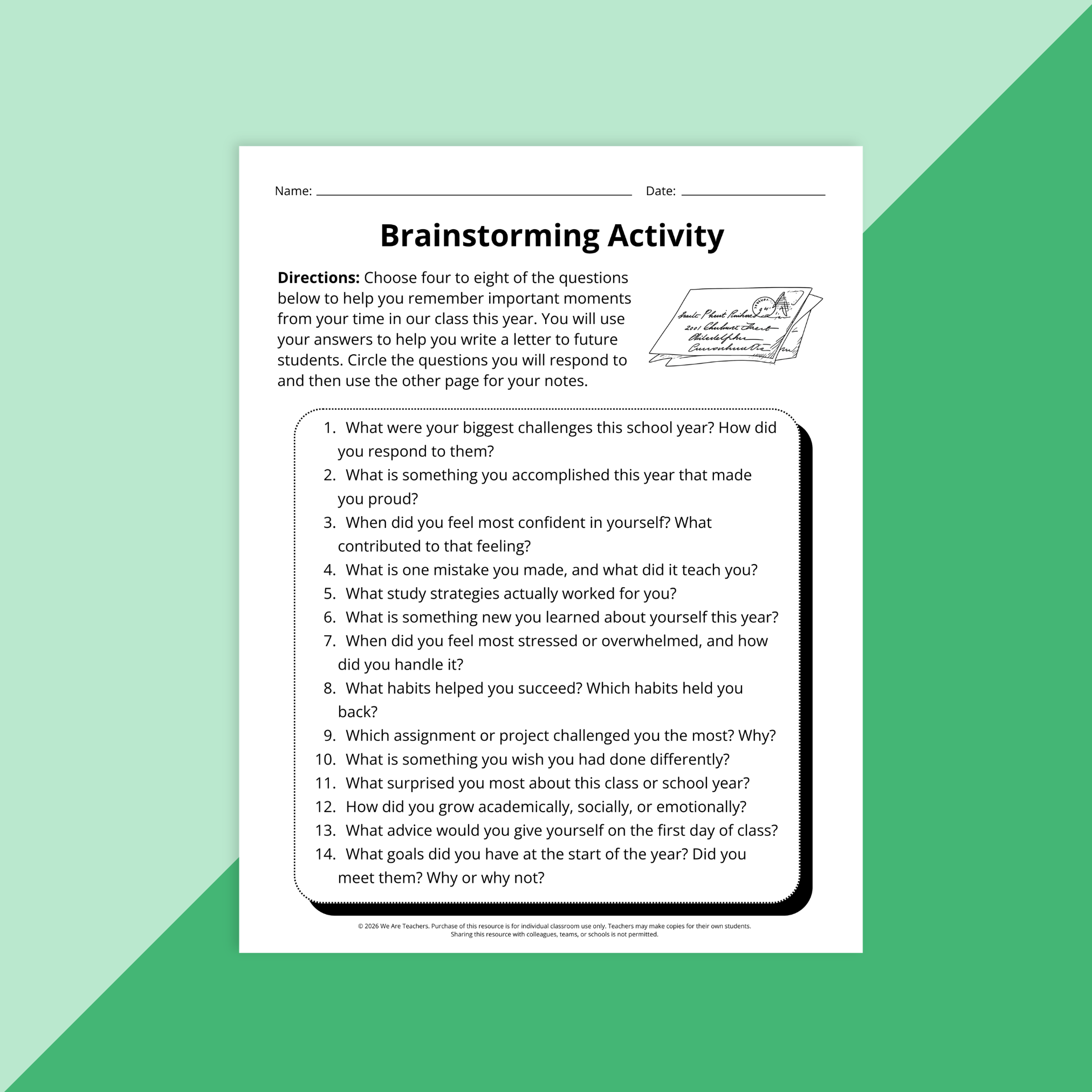 Image of the brainstorming worksheet from the Middle School End-of-Year Reflection & Letter Writing Bundle.