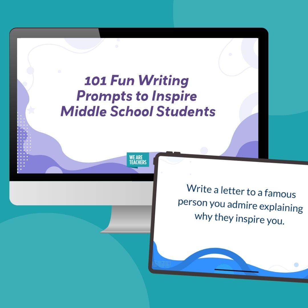 Middle School Writing Prompts Slides an image of a computer and tablet screen featuring middle school writing prompt google slides