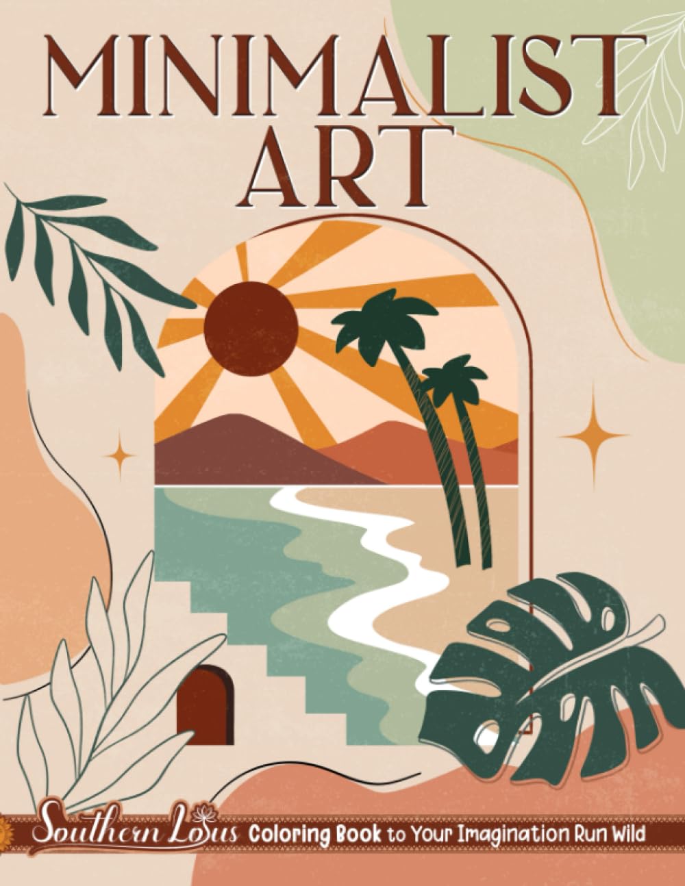 Adult coloring books include this cover showing a beach scene with sand, water, a sunset, and palm trees. Text reads Minimalist Art.