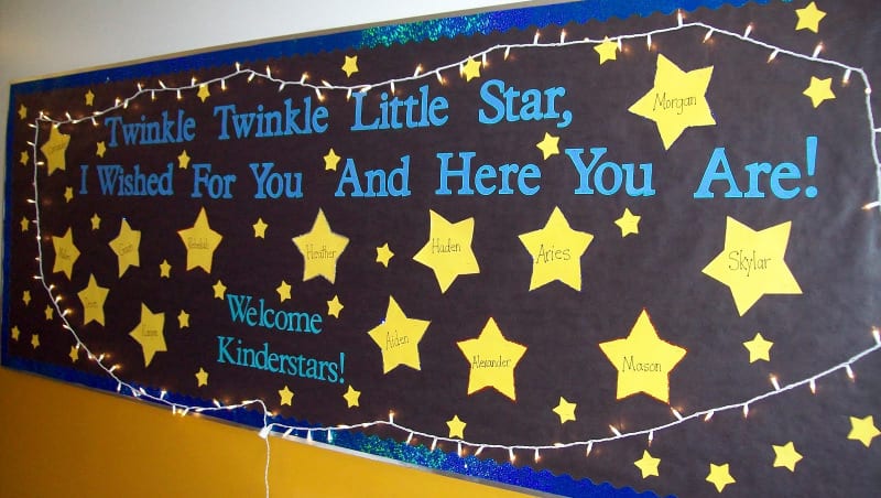 Bulletin board with twinkle lights and star cutouts featuring student names. Text reads Twinkle Twinkle Little Star, I wished for you and here you are. Welcome Kinderstars!