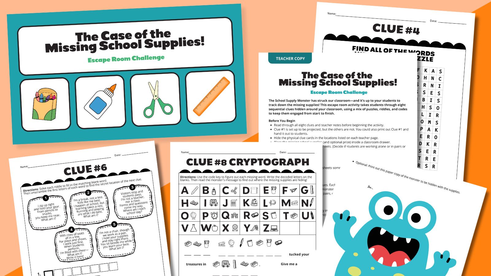 Images from the Escape Room: The Case of the Missing School Supplies Escape Room Activity.