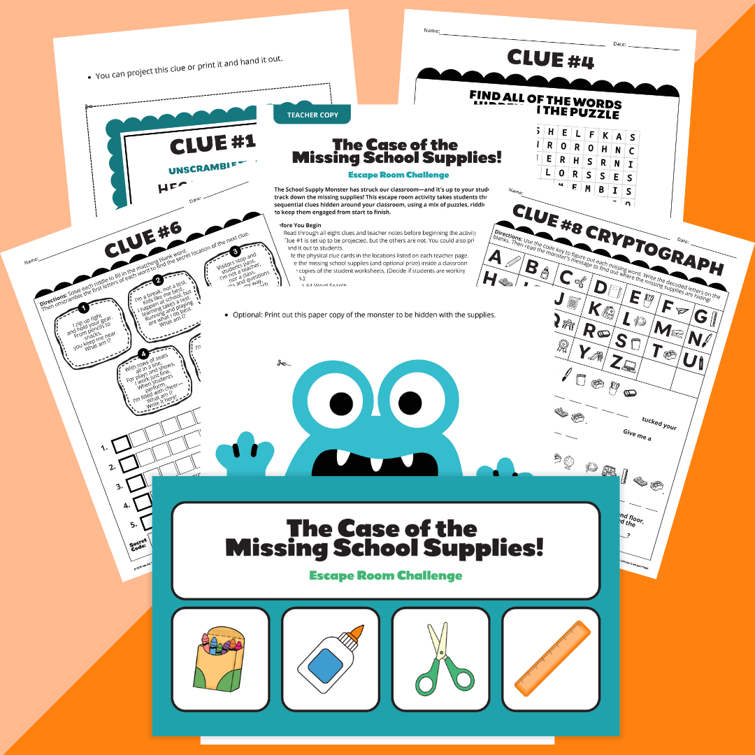 Images from the The Case of the Missing School Supplies: Escape Room Activity.