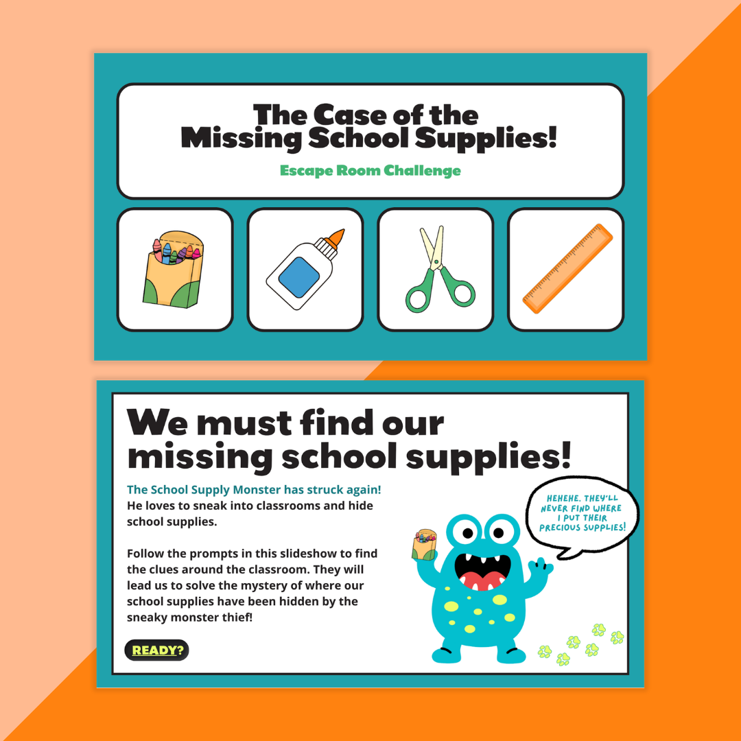 Images from the Google Slides portion of the The Case of the Missing School Supplies: Escape Room Activity.