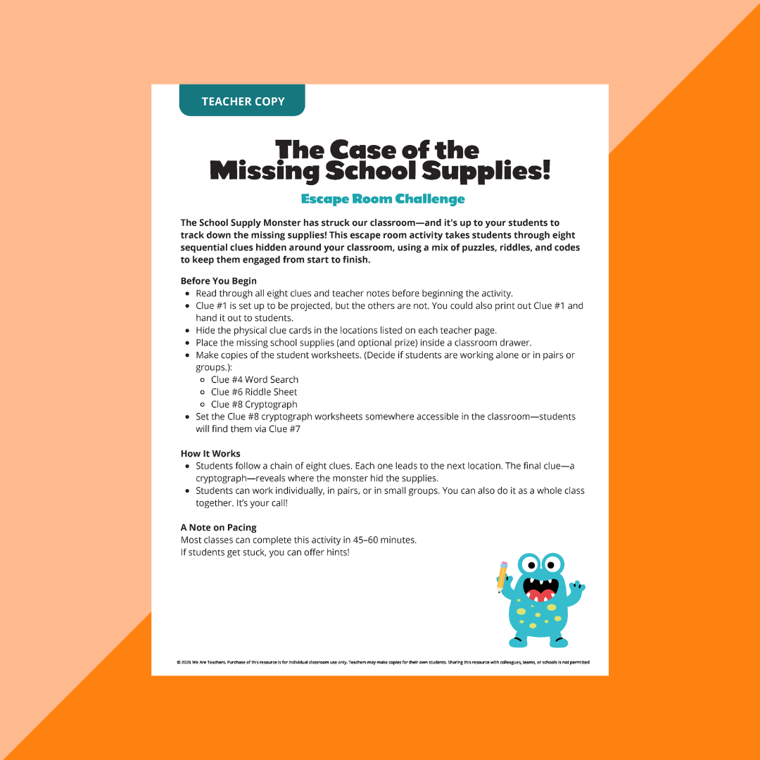 image of the teacher's guide from the The Case of the Missing School Supplies: Escape Room Activity.