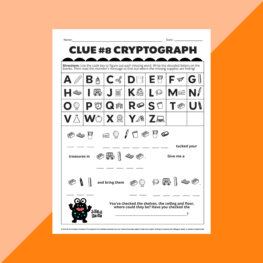 Cryptograph activity for The Case of the Missing School Supplies: Escape Room Activity.
