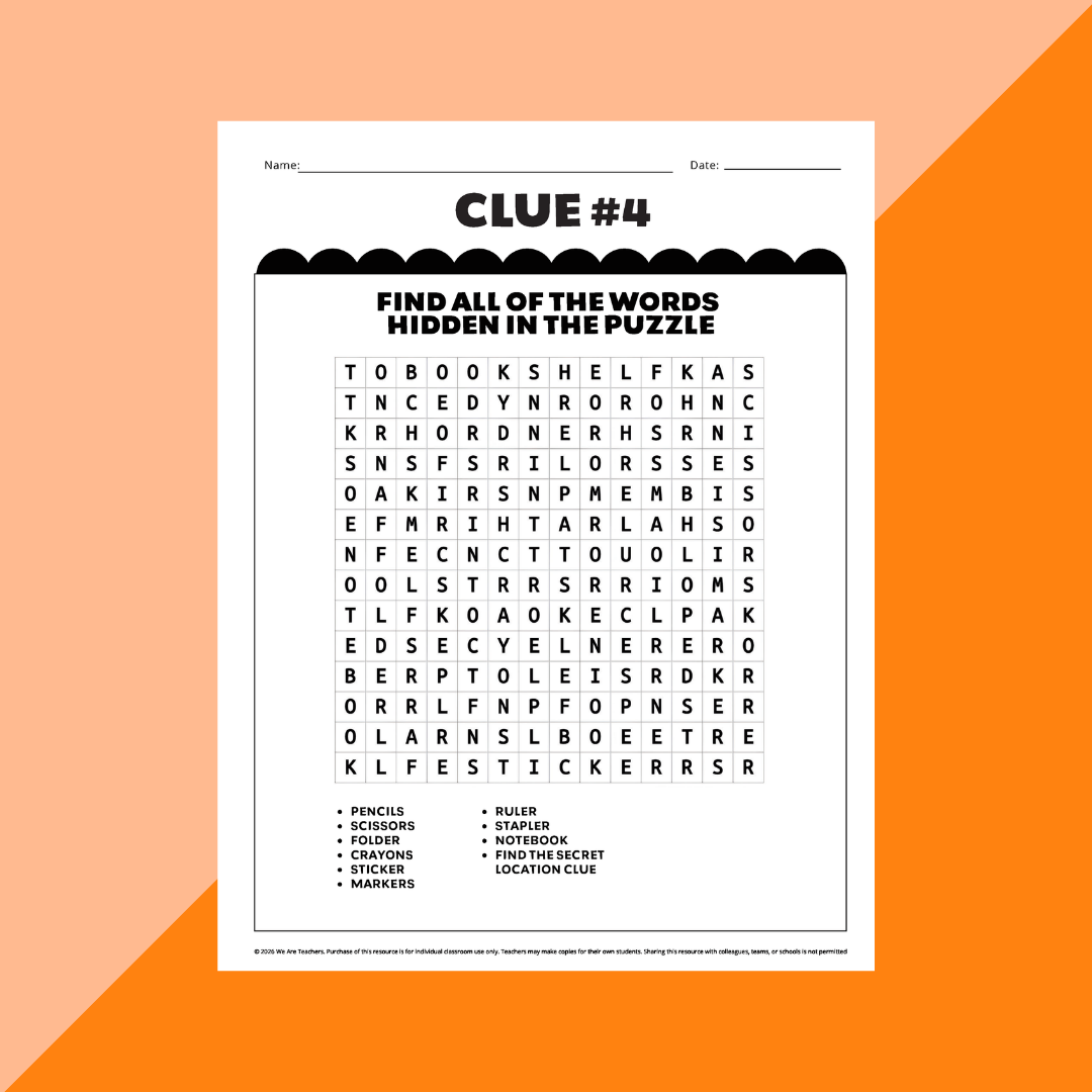 Crossword puzzle from a classroom escape room activity.