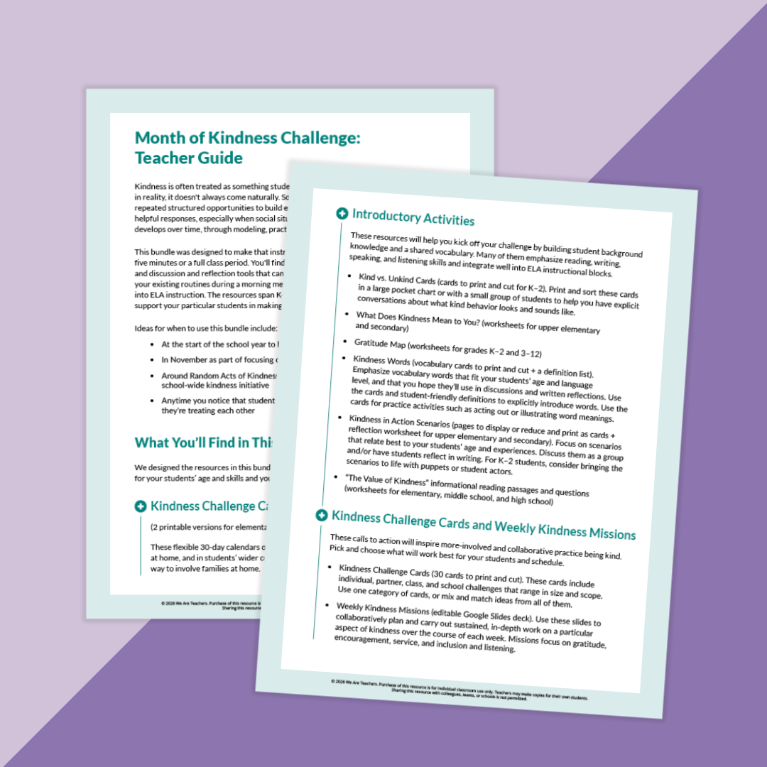 Image of the teacher's guide for the Month Of Kindess Challenge Activity Bundle.
