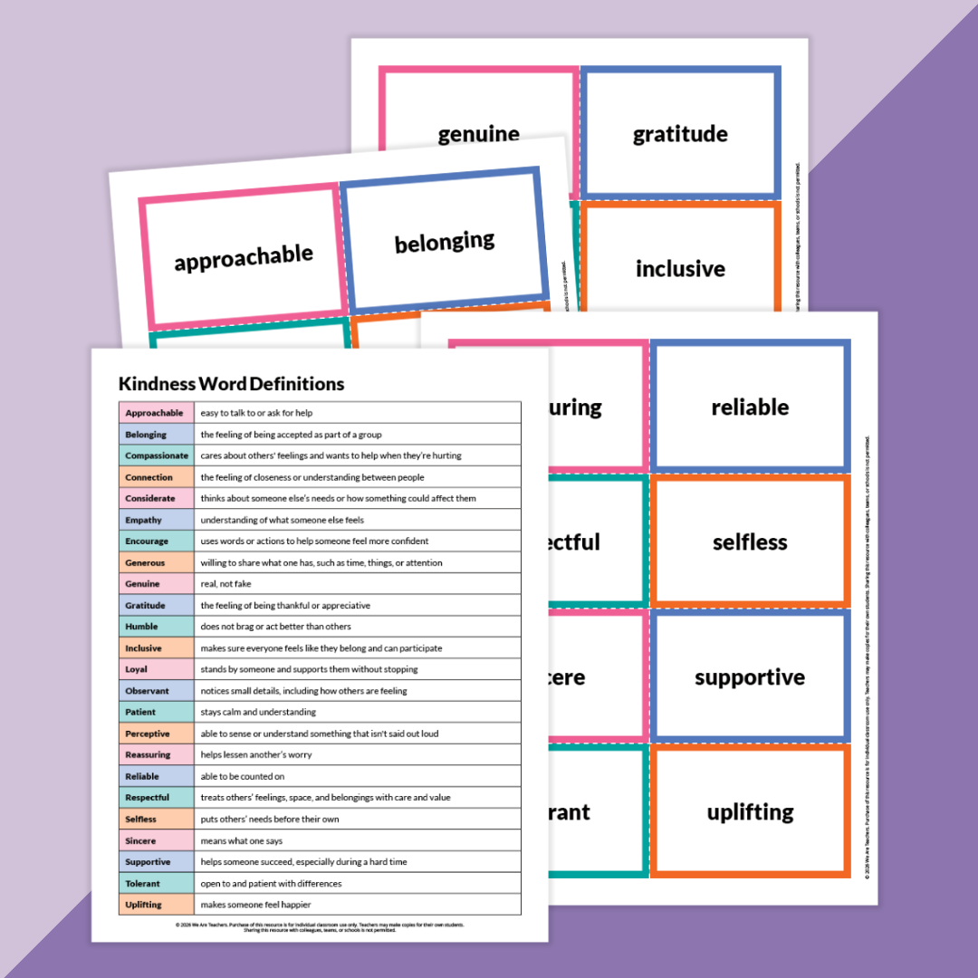 Image of the vocabulary word wall cards that can be used in the Month Of Kindess Challenge Activity Bundle.