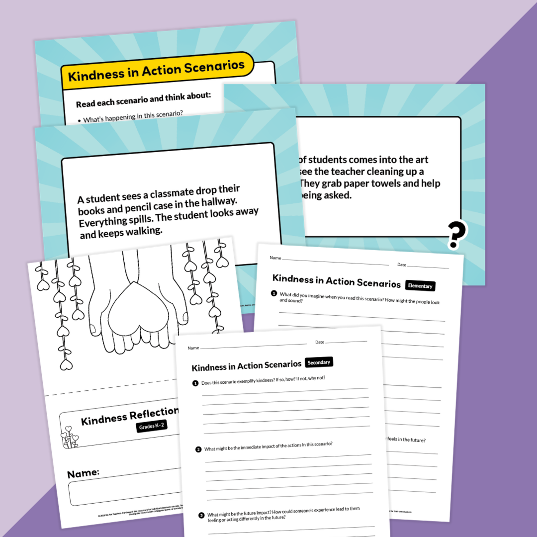 Image of a variety of worksheets, posters, and activities for a kindness challenge.