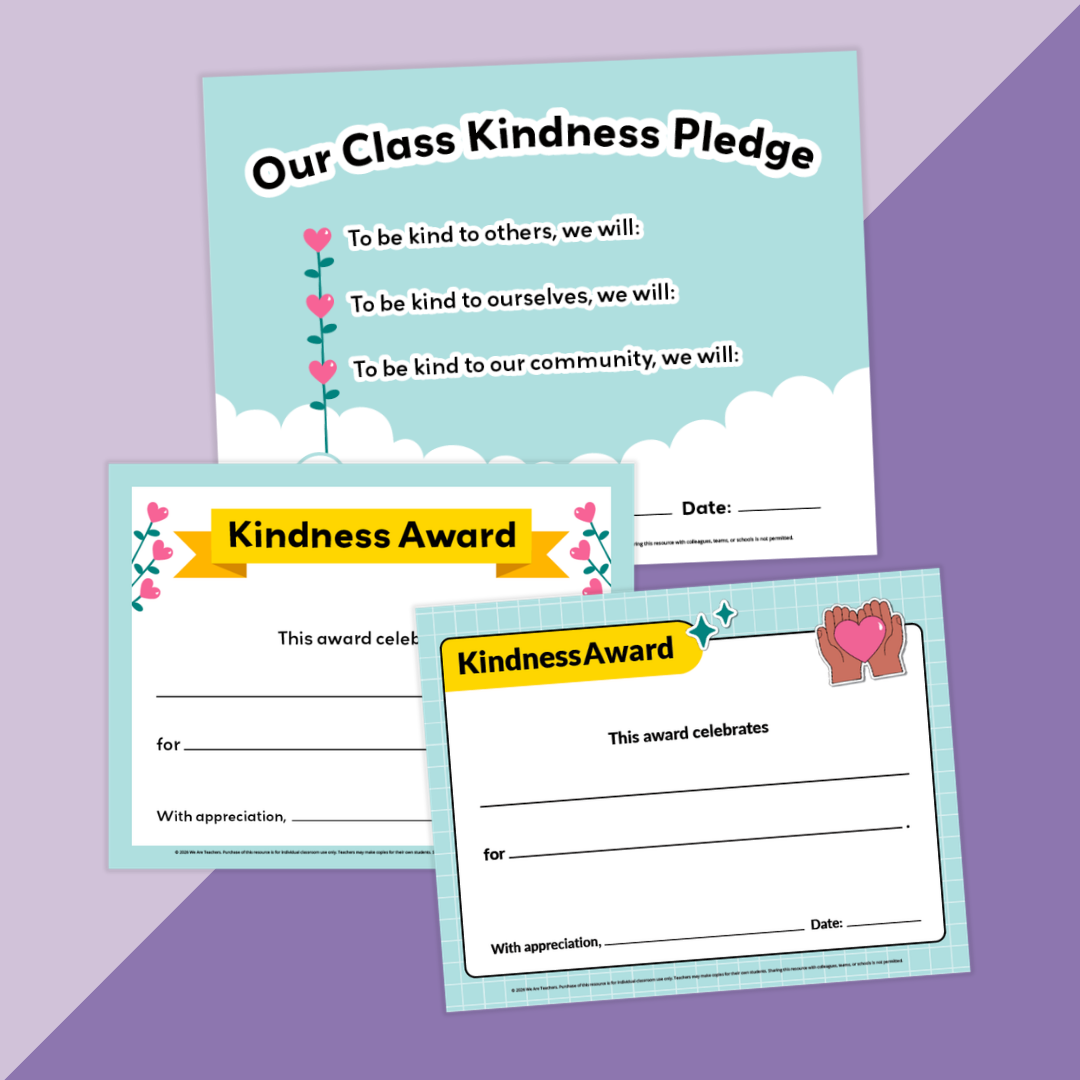 Images show posters and certificates for a kindness challenge.