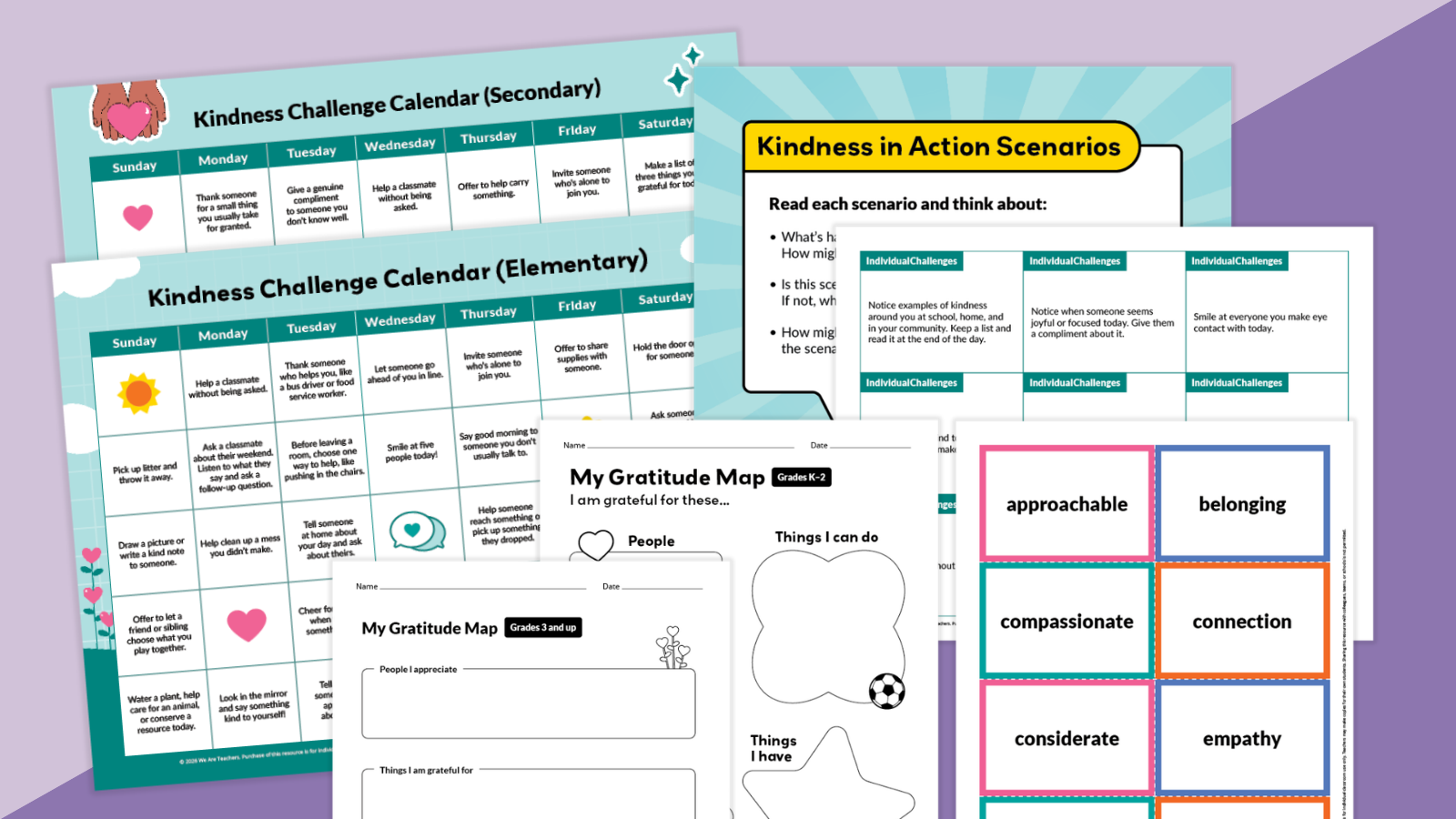 Feature image showing pages from the Month Of Kindess Challenge Activity Bundle.