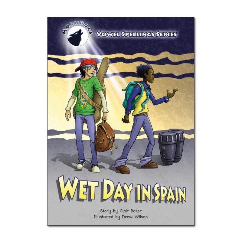 Book cover for Moon dog Wet Day in Spain as an example of decodable books