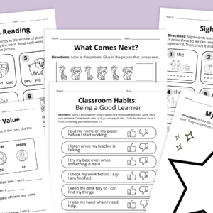 Images of several worksheets from the first-grade moving up bundle.
