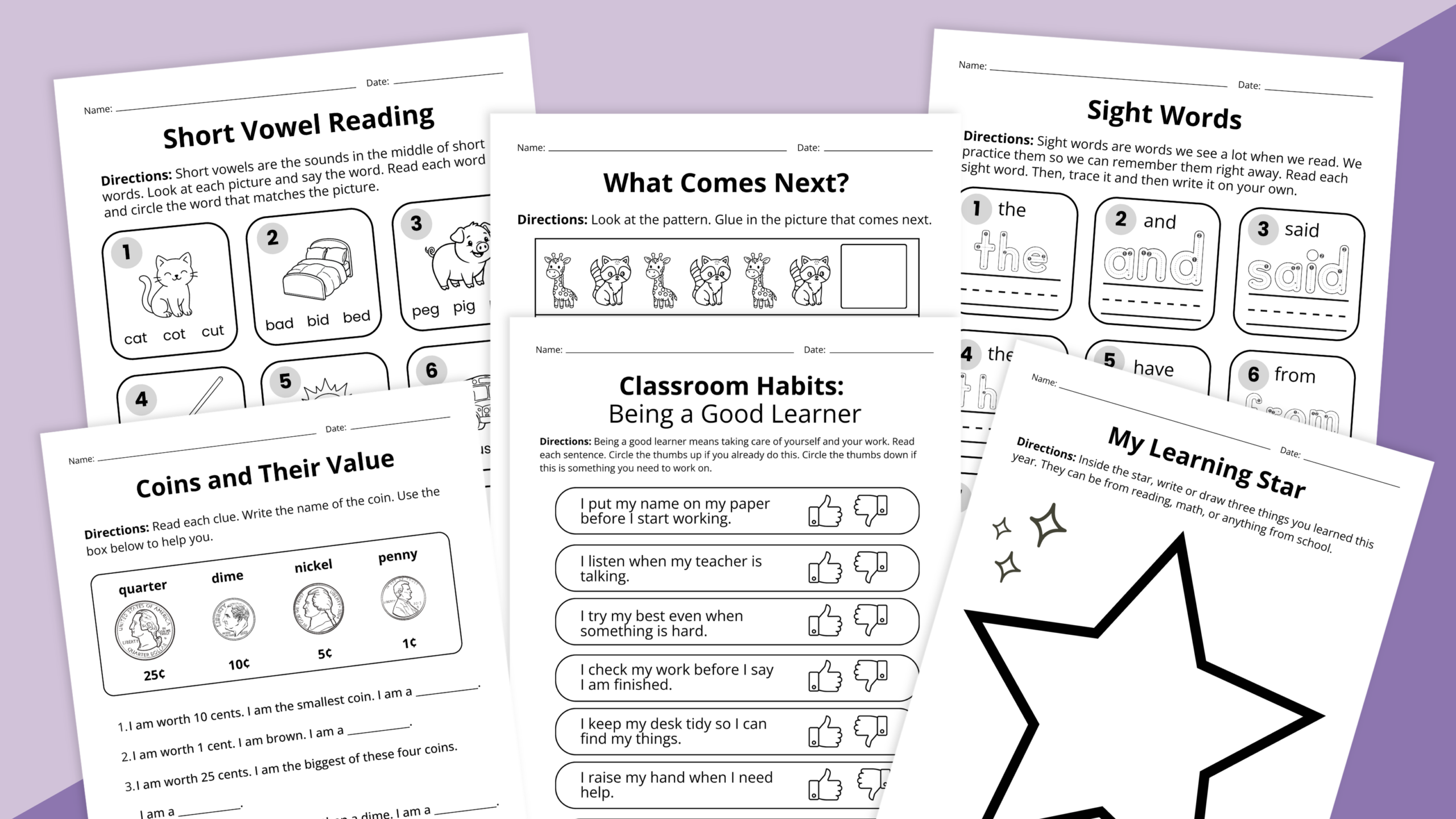 Images of several worksheets from the first-grade moving up bundle.