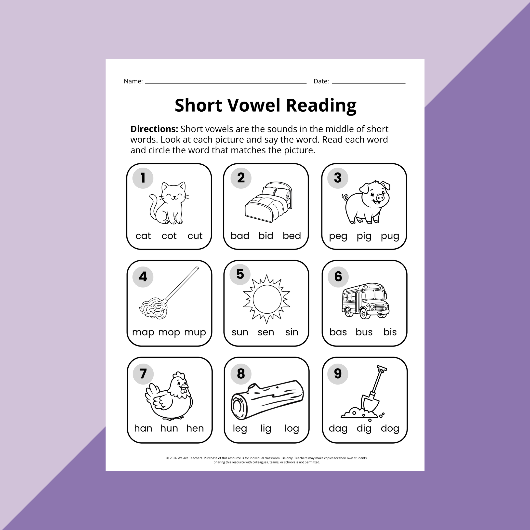 A worksheet on short vowel sounds.