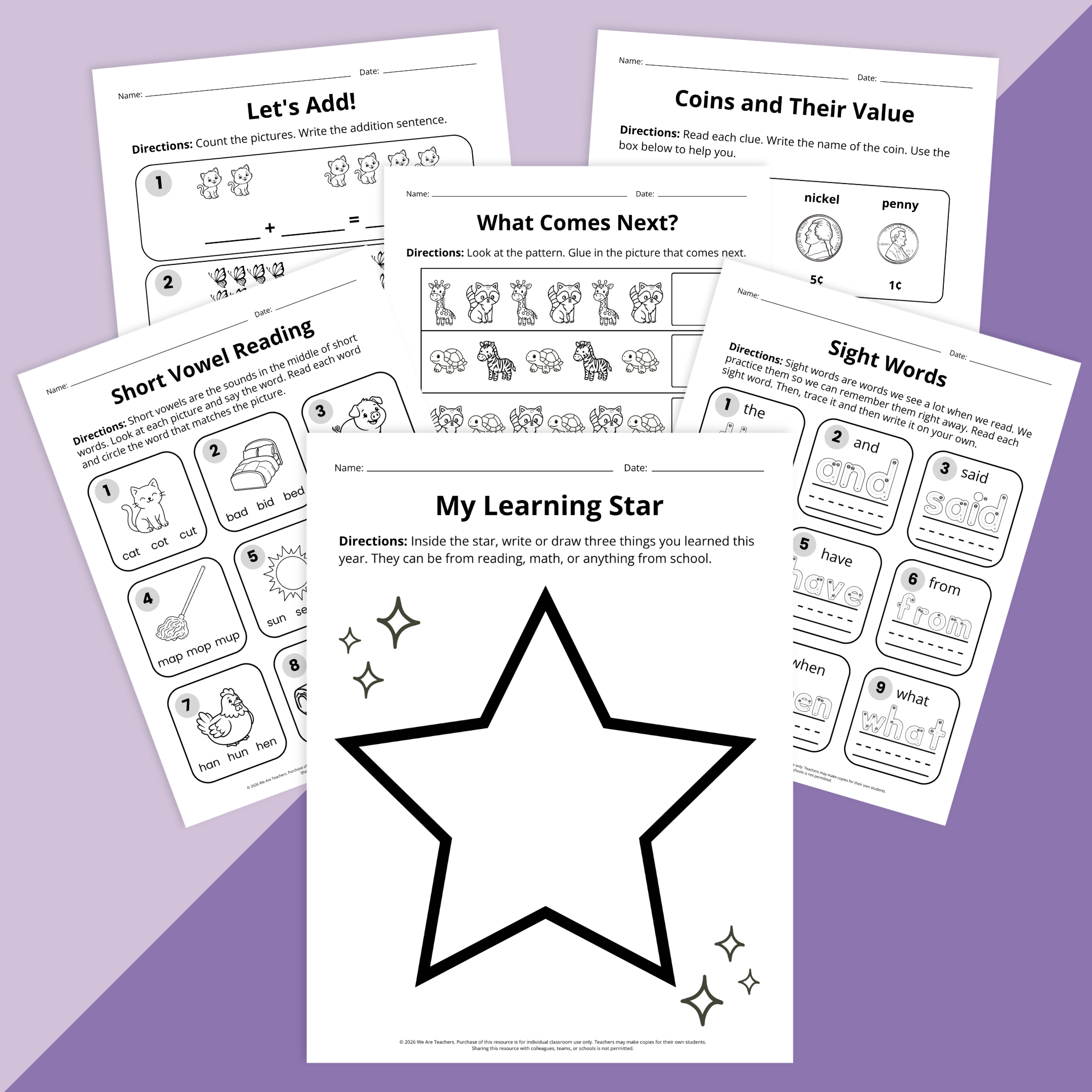A collage of images from the worksheets in the Moving Up Worksheet & Activity Bundle: Grade 1.