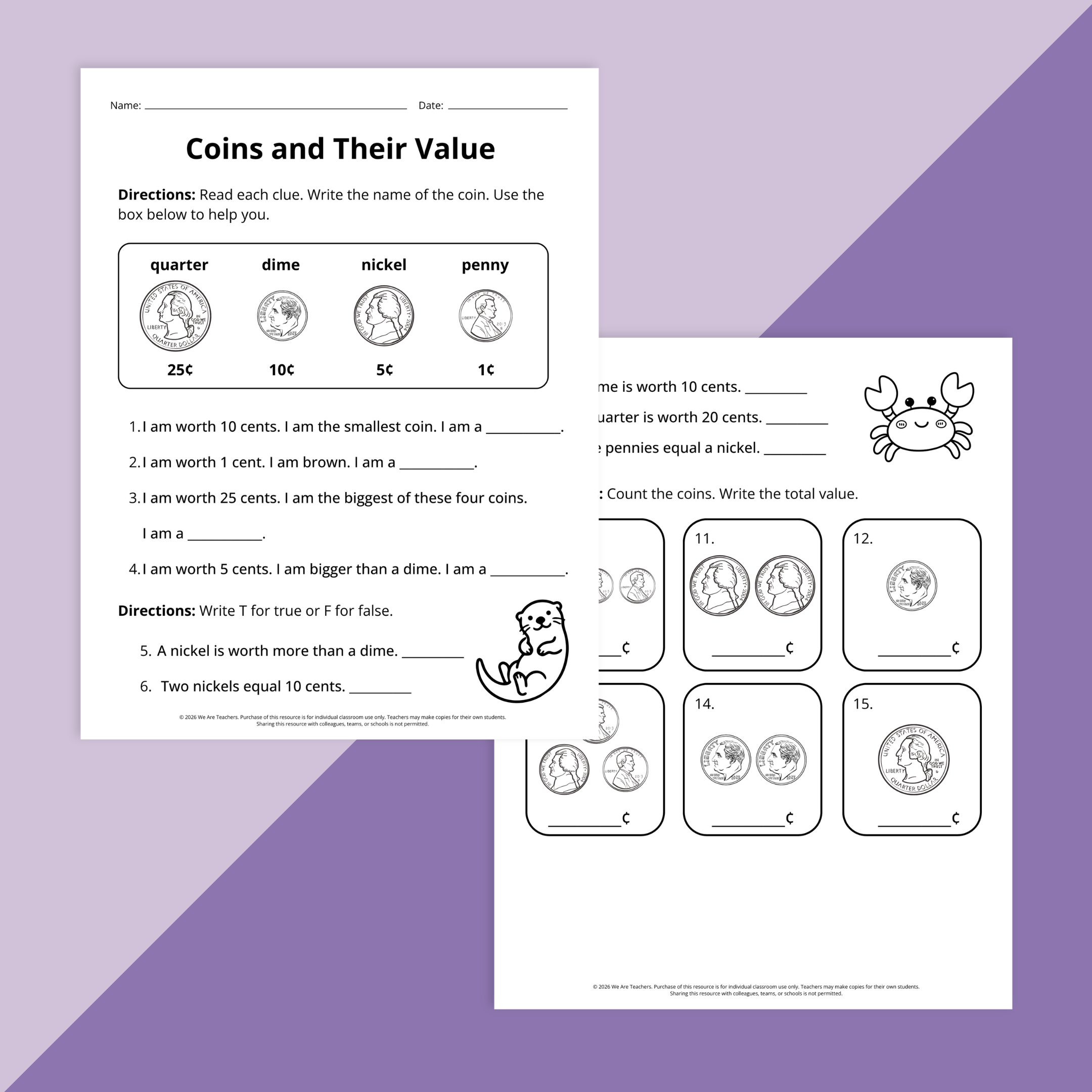 Two worksheets where students can practice first-grade skills.