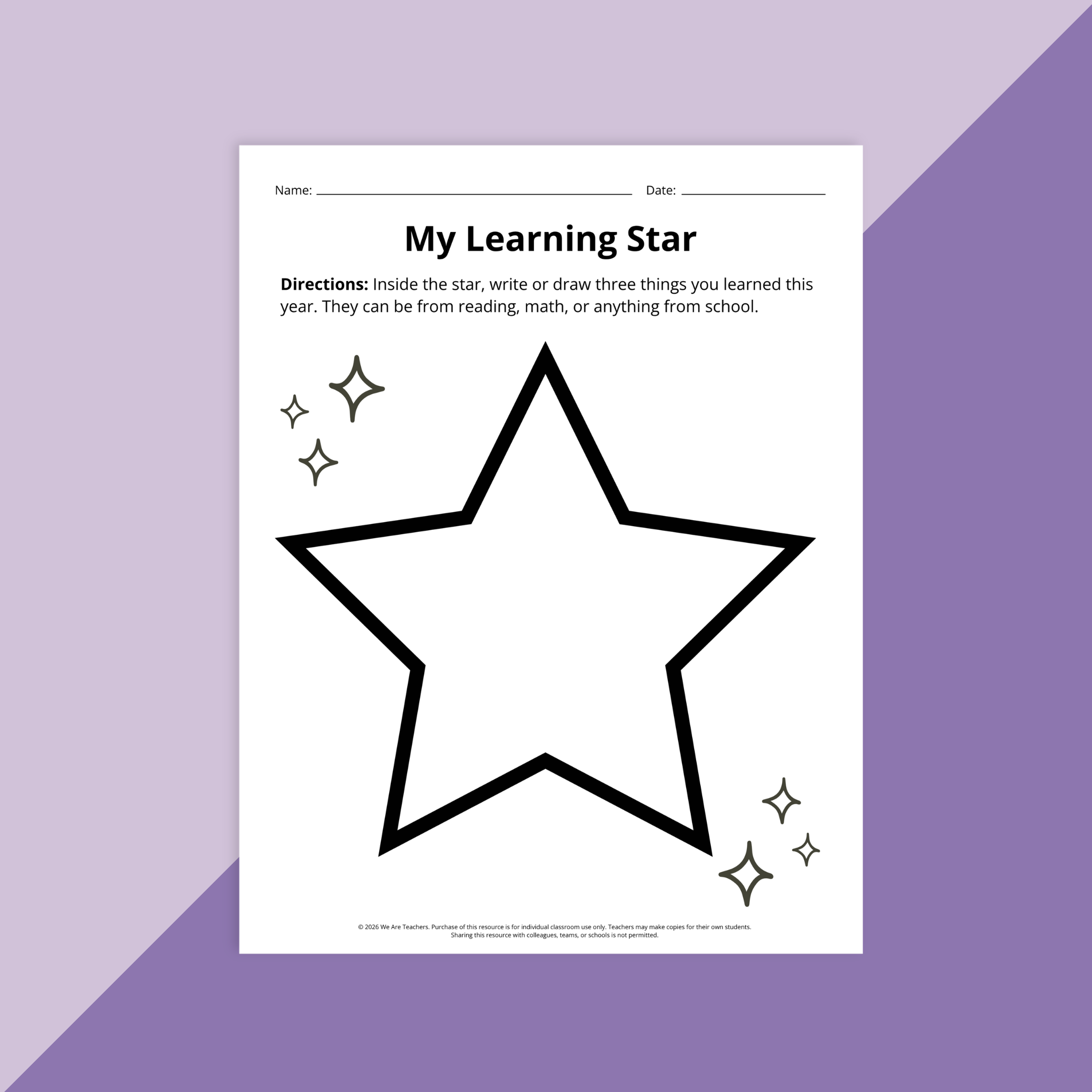 A worksheet with a star on it where first graders can write what they've learned during first grade.
