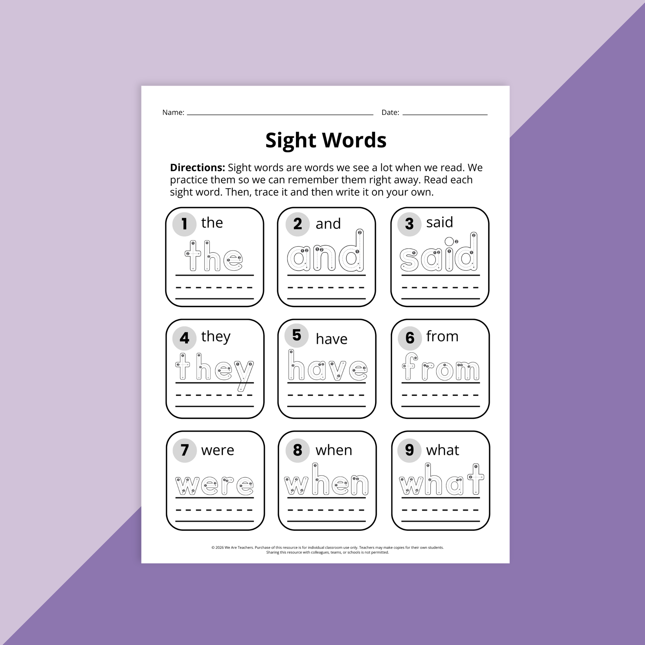 A worksheet for first-graders to practice sight words.