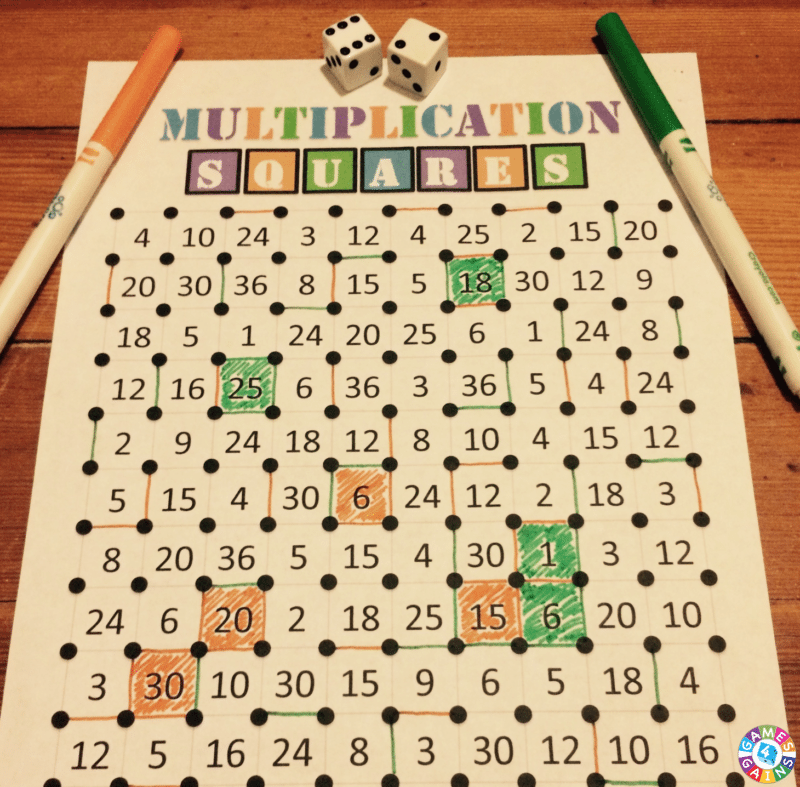 Multiplication Squares printable worksheet with orange and green markers and two dice
