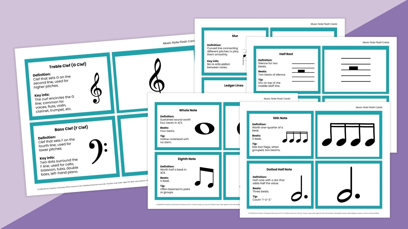 Images of several musical notation flashcards
