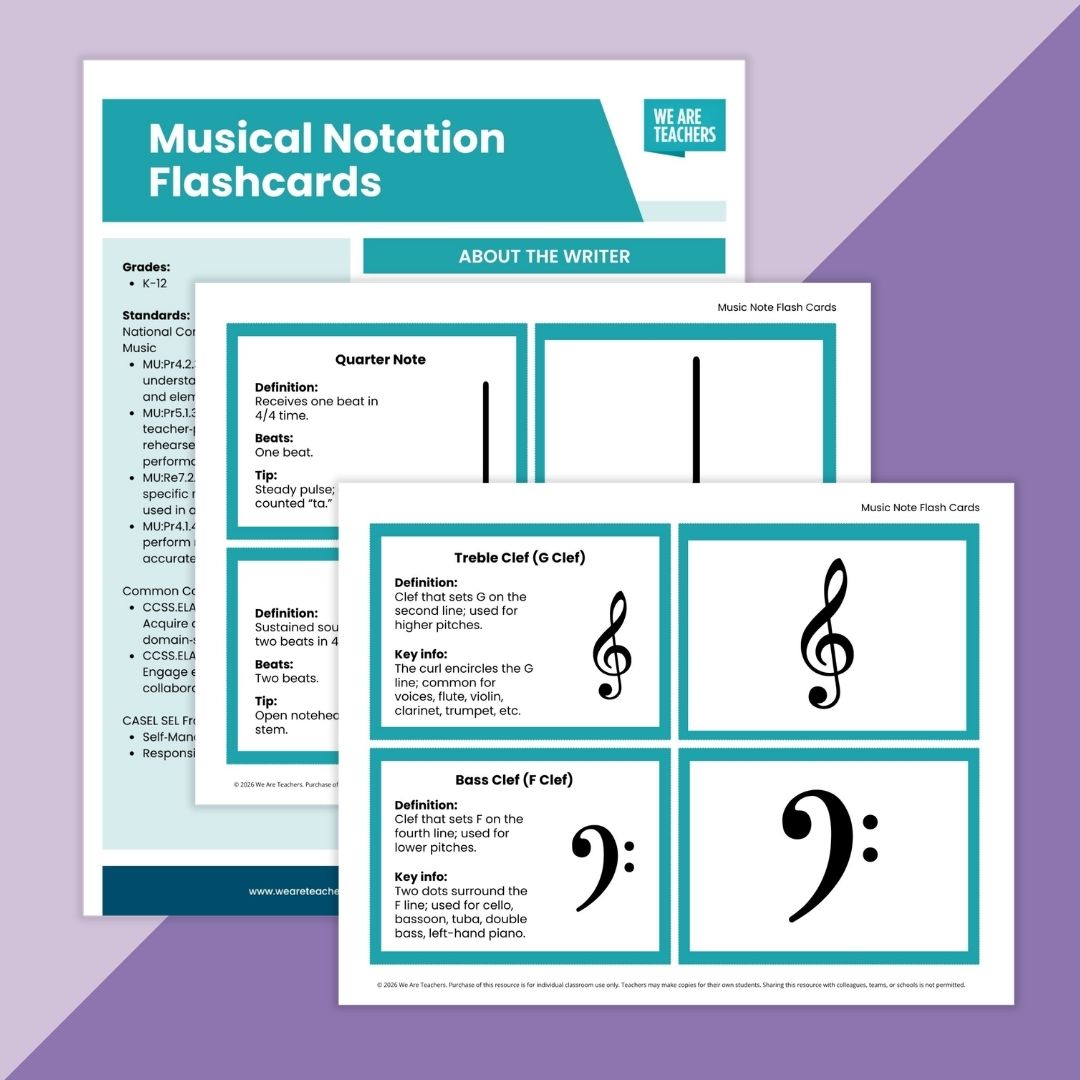 Images of several musical notation flashcards