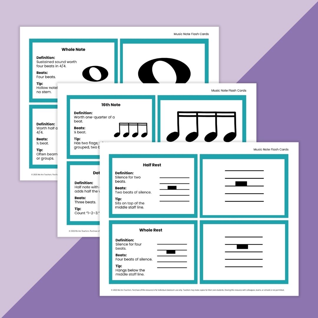 Images of several musical notation flashcards