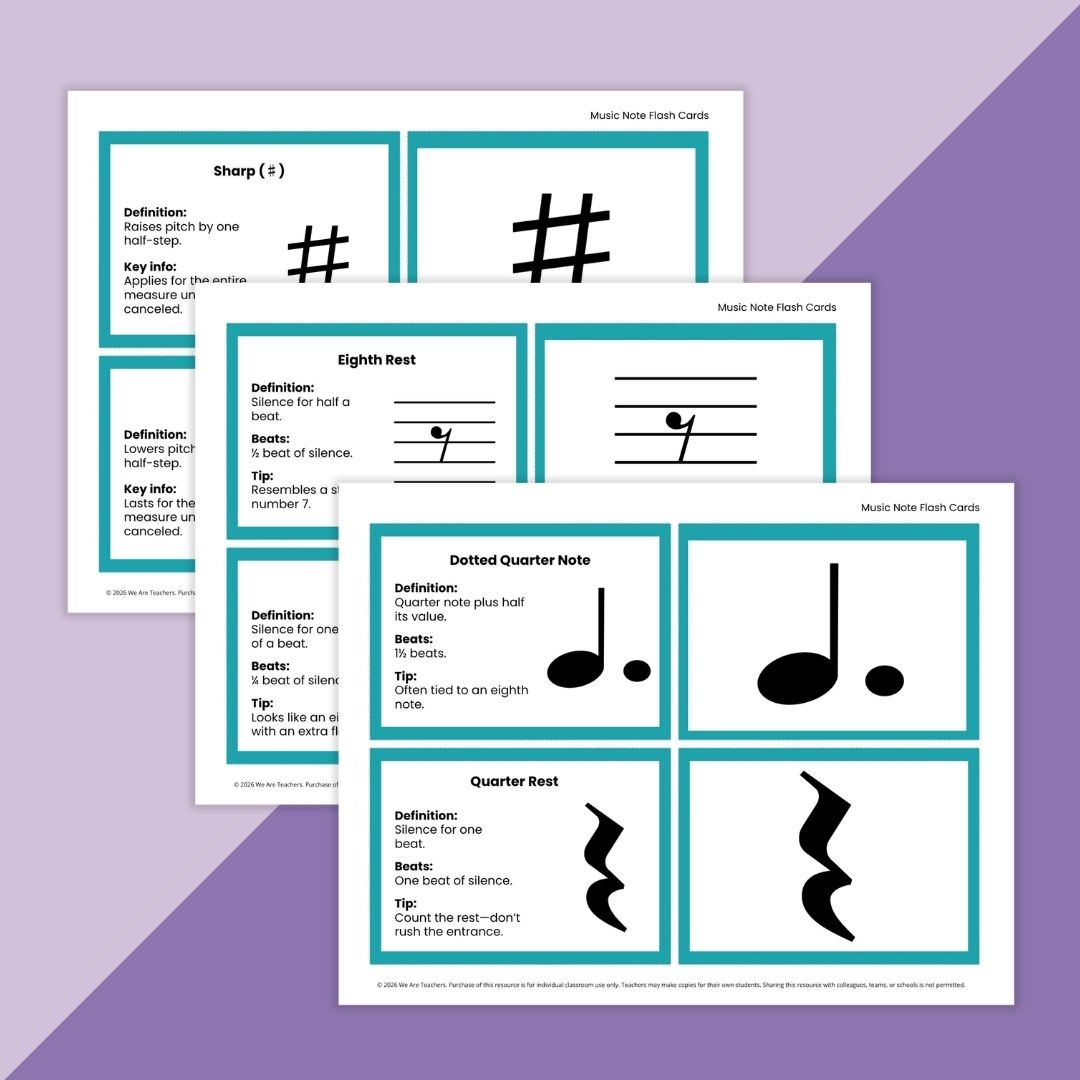 Images of several musical notation flashcards