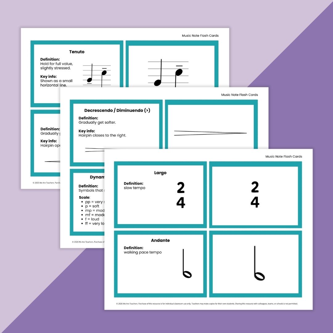 Images of several musical notation flashcards