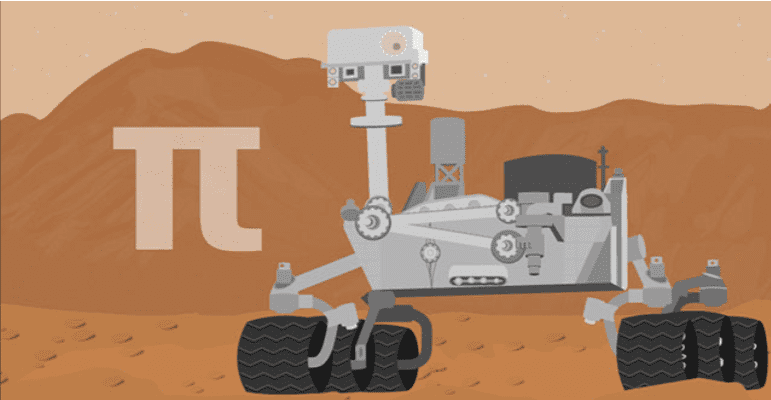Pi symbol and a space vehicle on a red and brown background 