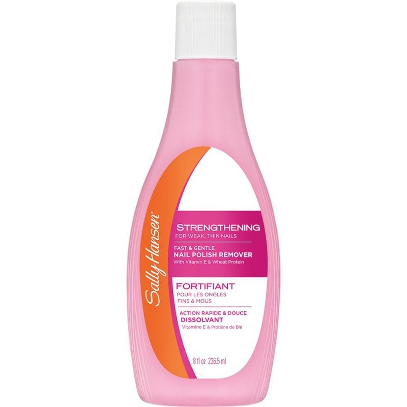Sally Hansen pink nail polish remover in a bottle.