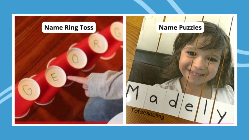 Examples of name games including Name Ring Toss with red plastic cups and Name Puzzles with child's photo.