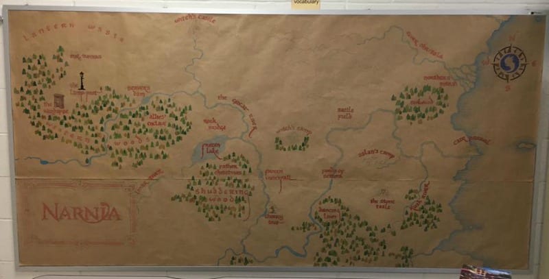 Hand-drawn map of Narnia on brown butcher paper 