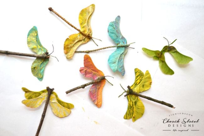 dragonflies made from painted maple seeds