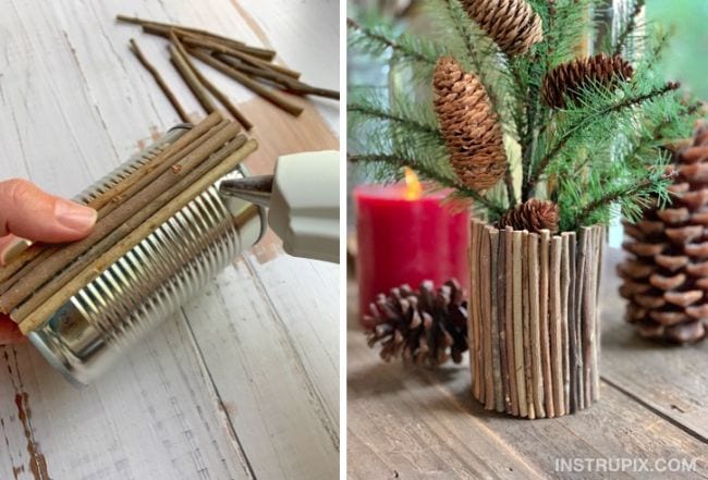 Tin can repurposed to be a plant holder