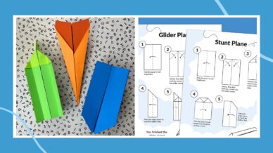 Three different paper airplanes and a set of printables on a blue background.