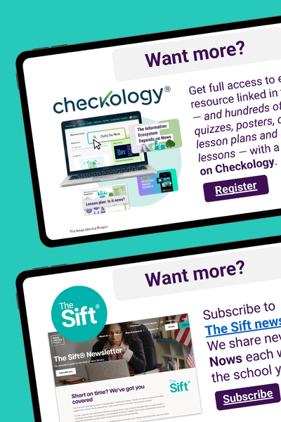 30+ Free Daily Do Nows That Help Students Think Critically About News Literacy Images of slides featuring information about how to get more news literacy resources.