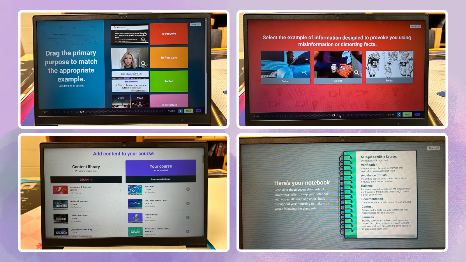 Images of four different Checkology screens sharing four different news literacy options for teachers and students