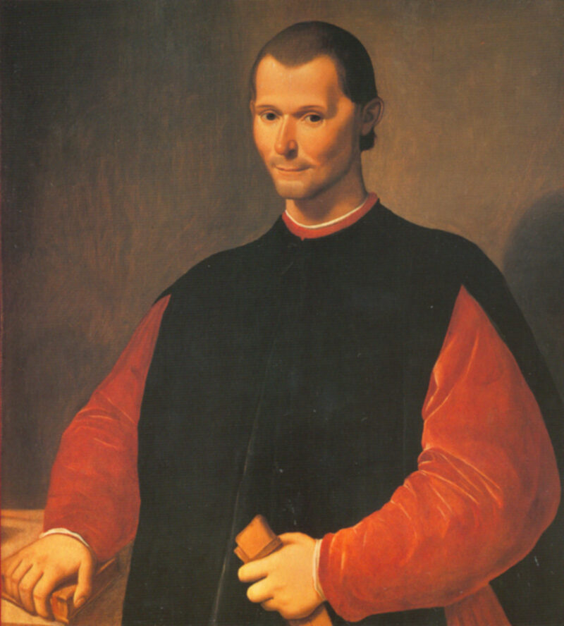 A painted portrait is shown of a man from the waist up. He has a small head and is wearing a red shirt with a black robe over it.
