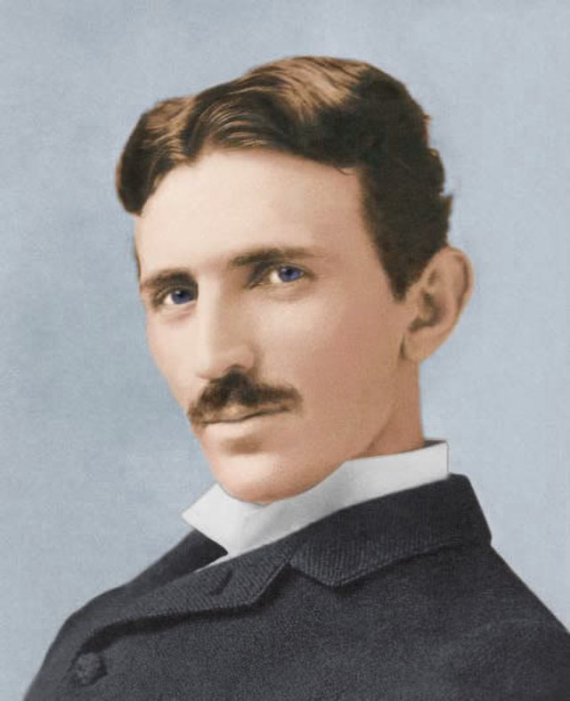 Famous engineers include Nikola Tesla shown in a colorized portrait. He is a young man with brown hair and a moustache shown from a three-quarters profile view.