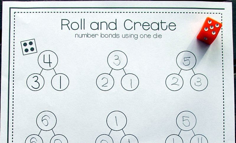 Number Bonds worksheet called Roll and Create with a red dice showing the number 5 (Number Bonds activities)